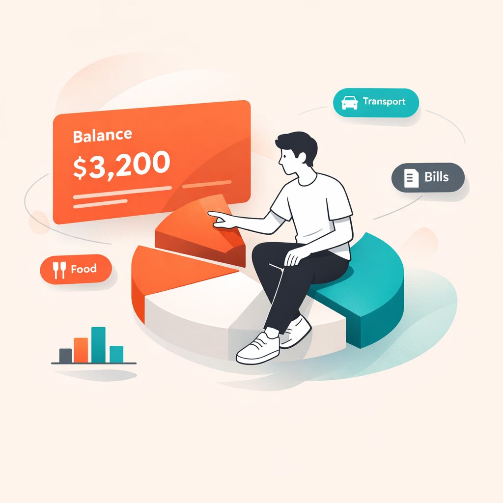 Spendiko finance illustration with balance card, expense categories, and analytics visuals.